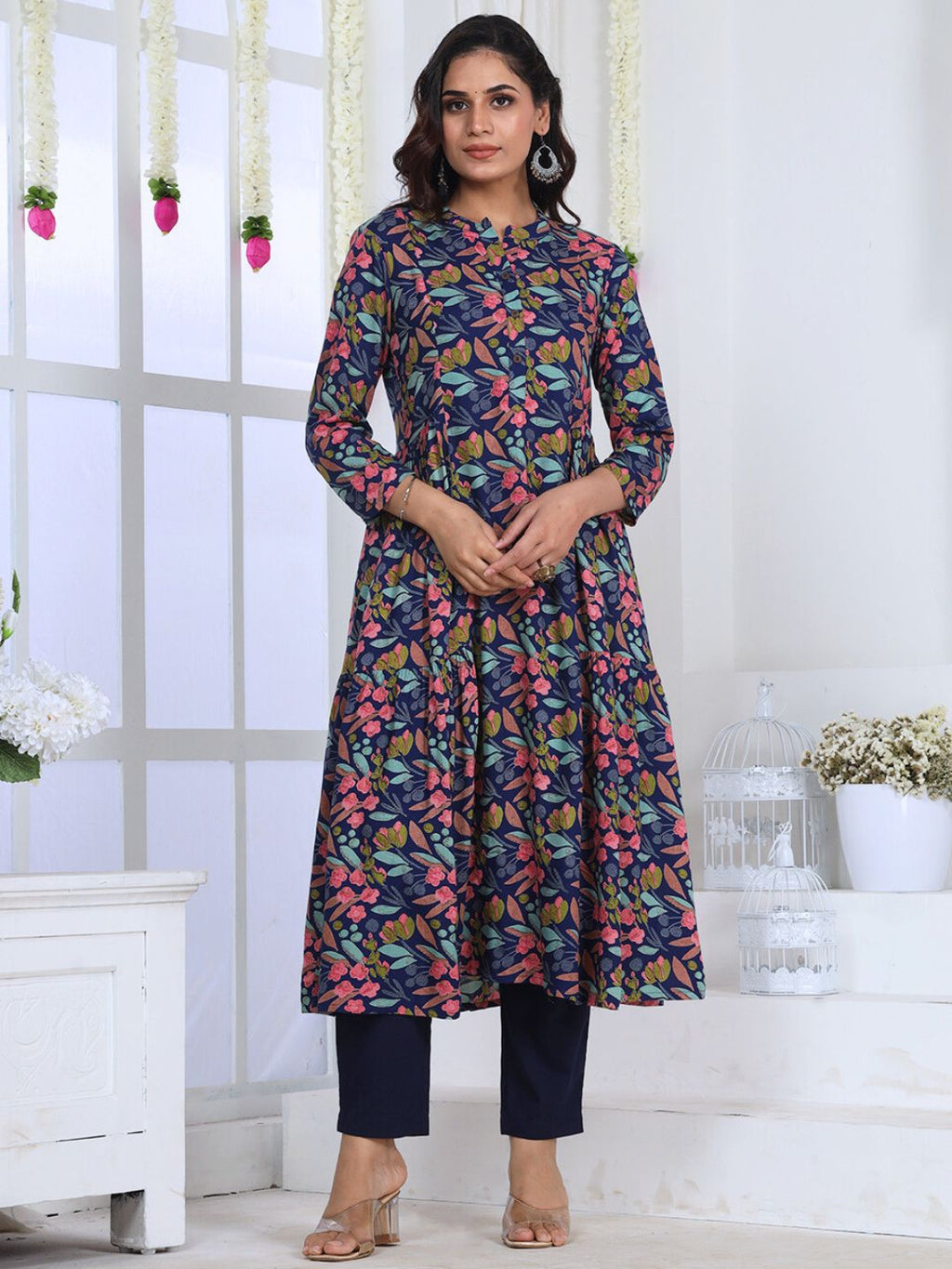 Nile Blue Floral Print Rayon Kurta with gathers