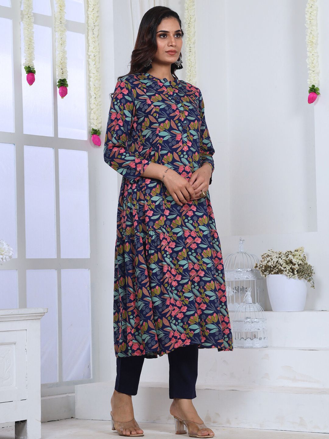 Nile Blue Floral Print Rayon Kurta with gathers