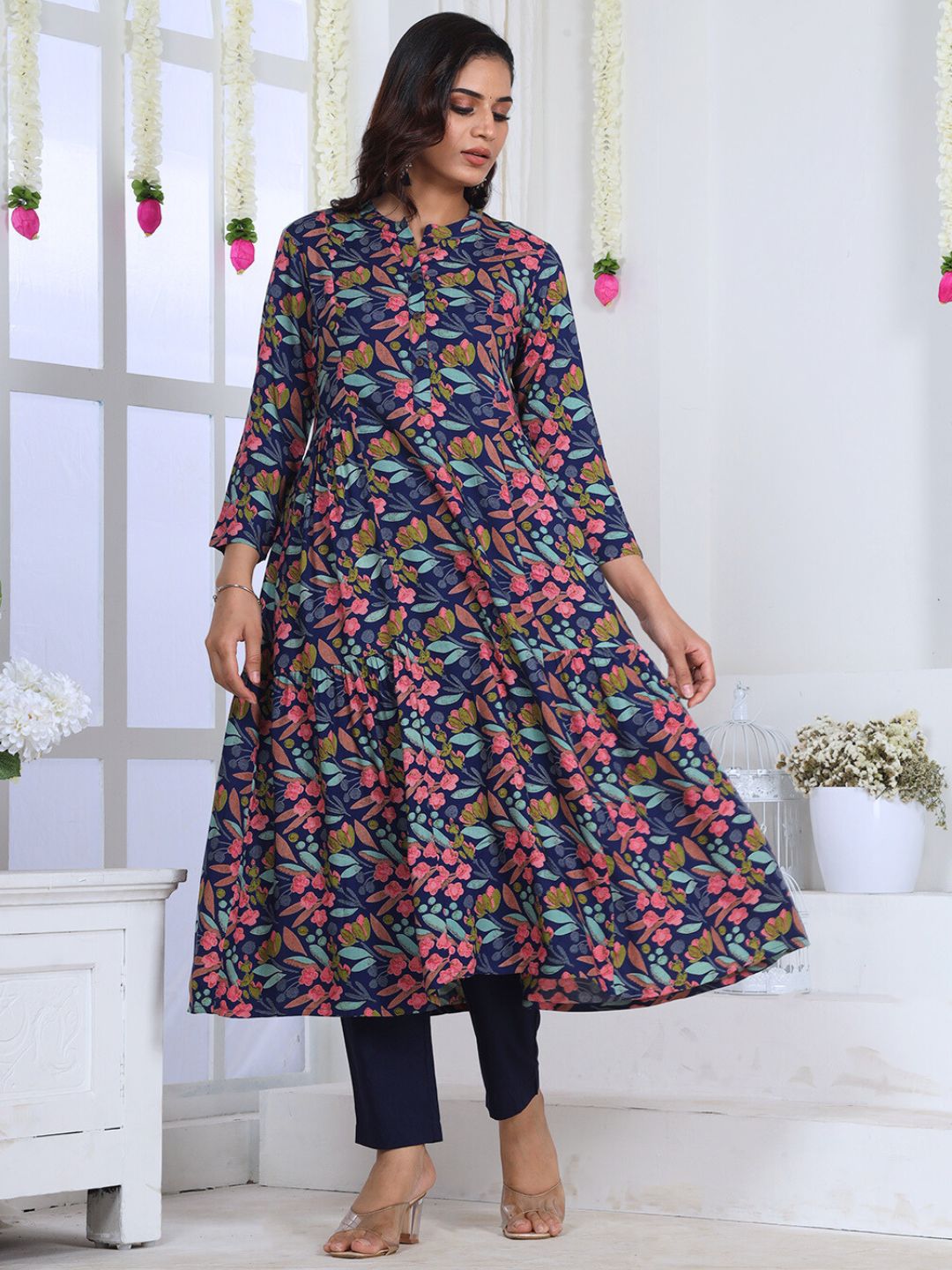 Nile Blue Floral Print Rayon Kurta with gathers
