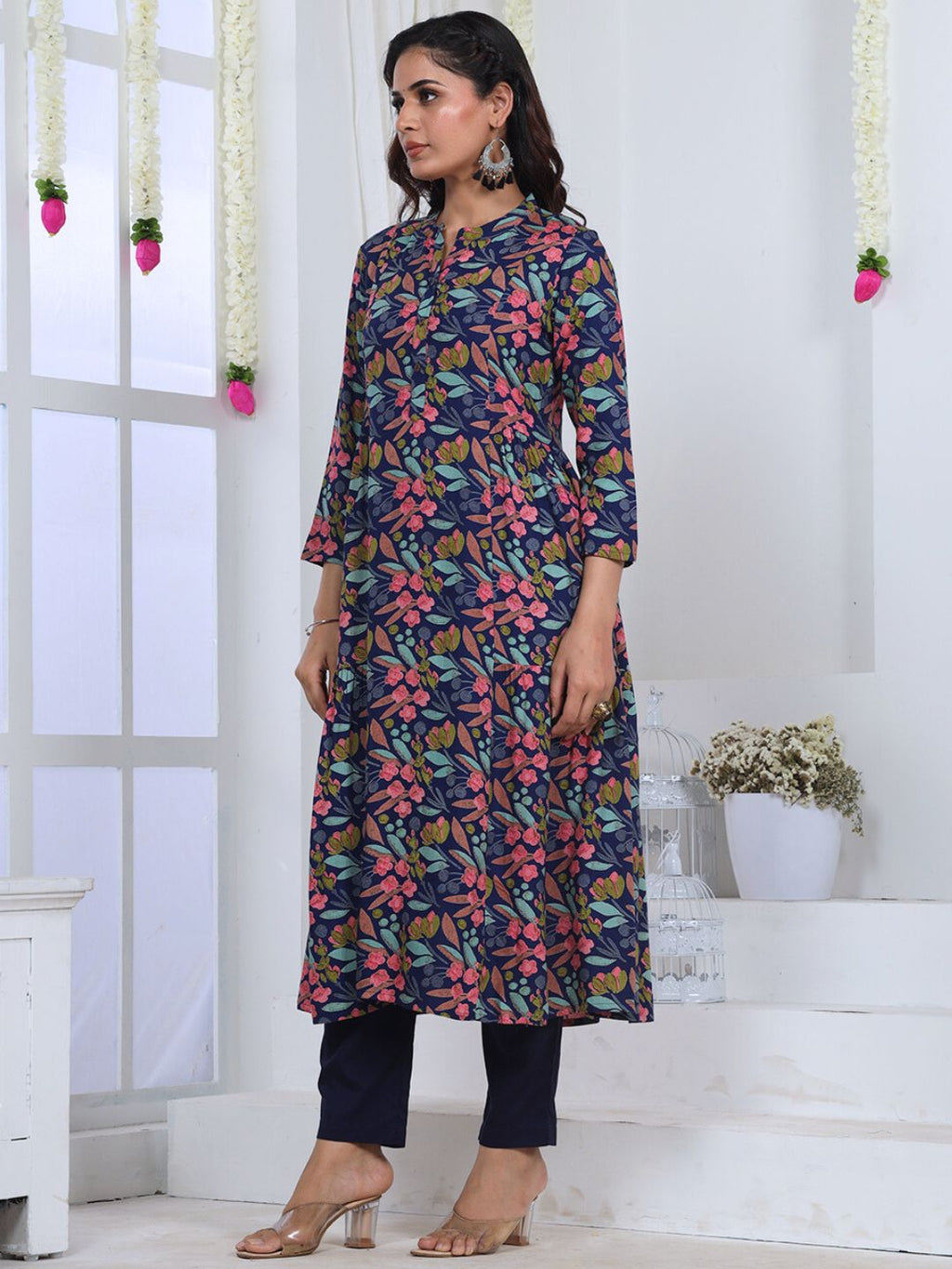 Nile Blue Floral Print Rayon Kurta with gathers