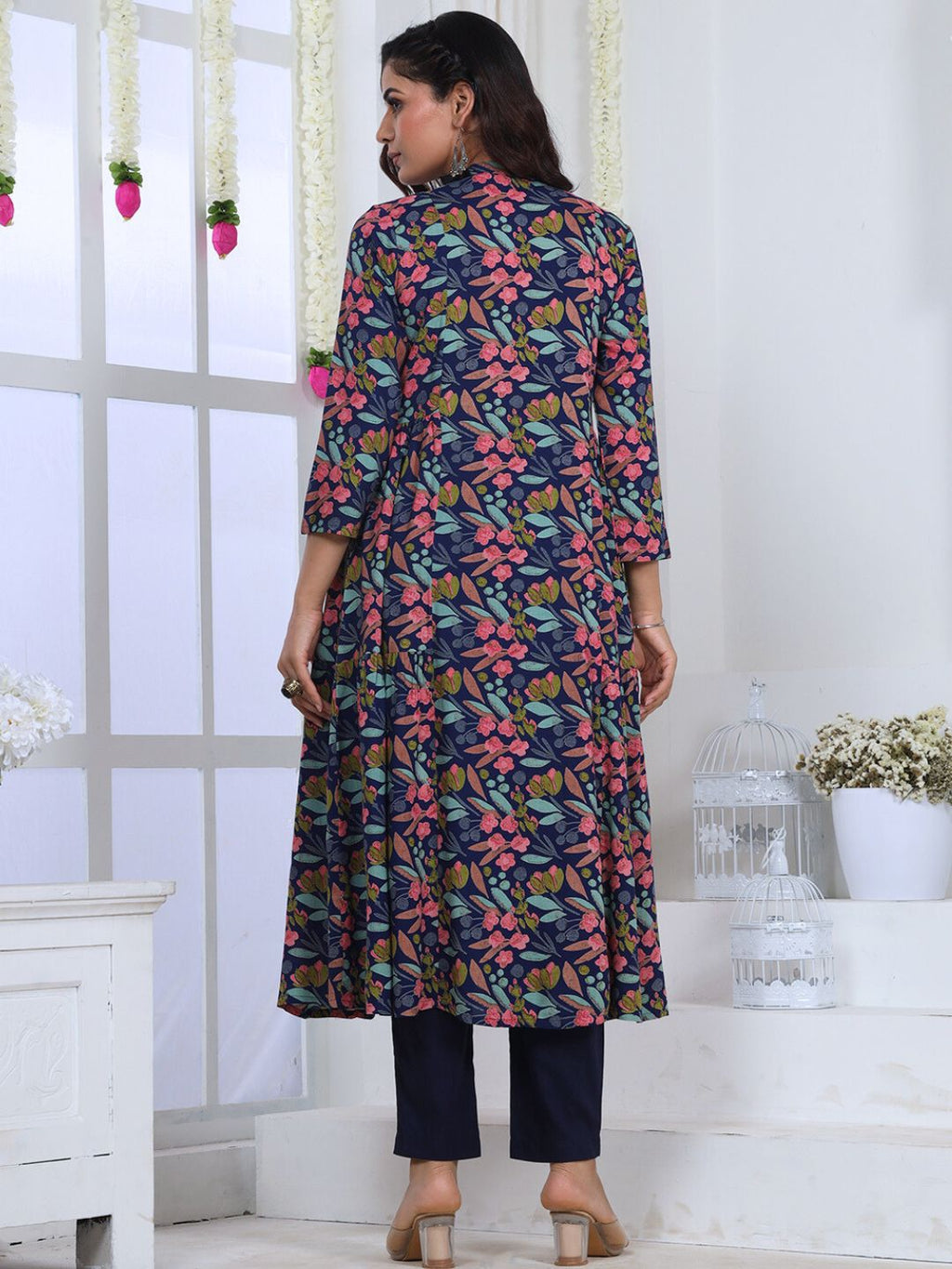 Nile Blue Floral Print Rayon Kurta with gathers