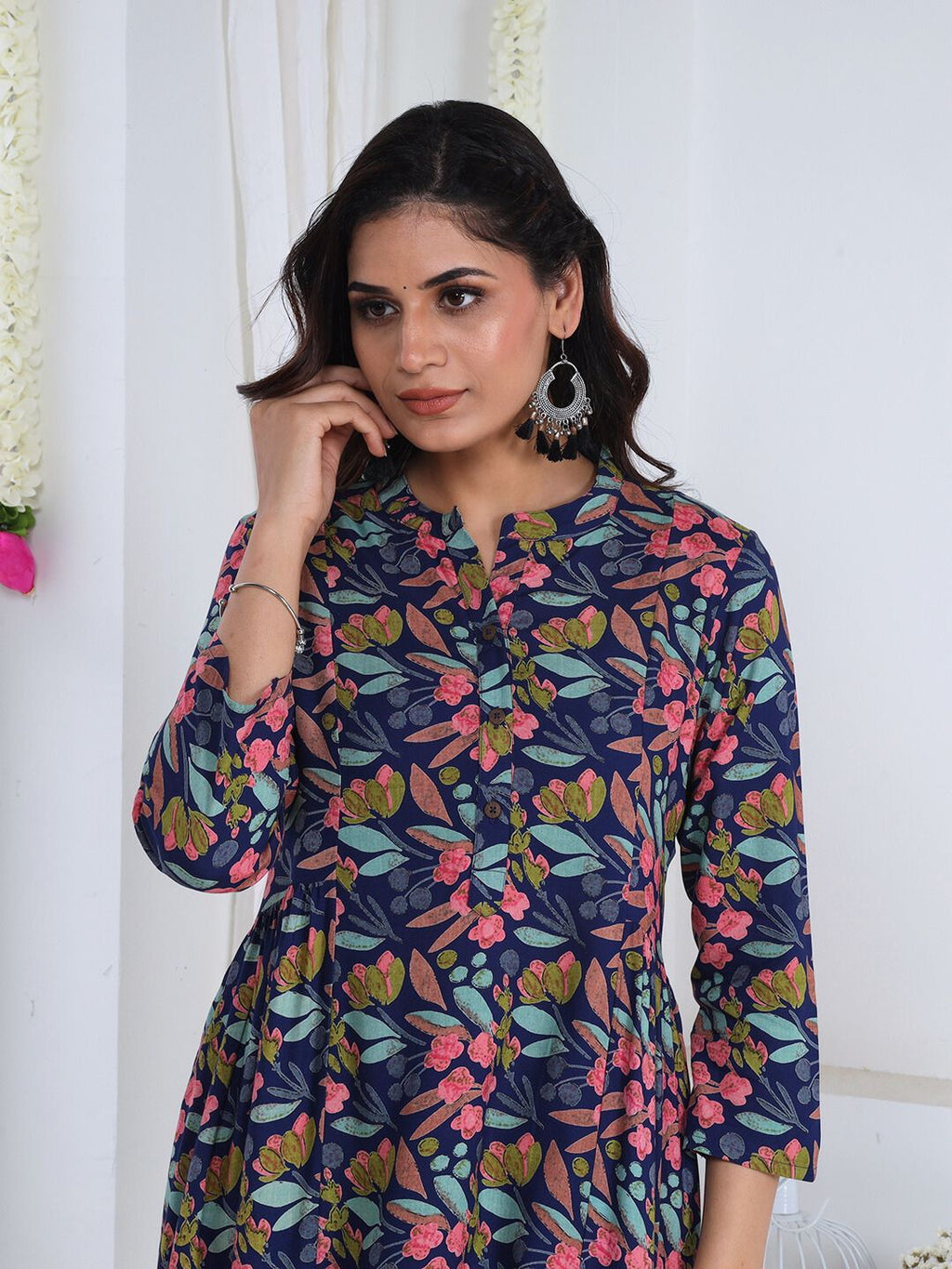 Nile Blue Floral Print Rayon Kurta with gathers