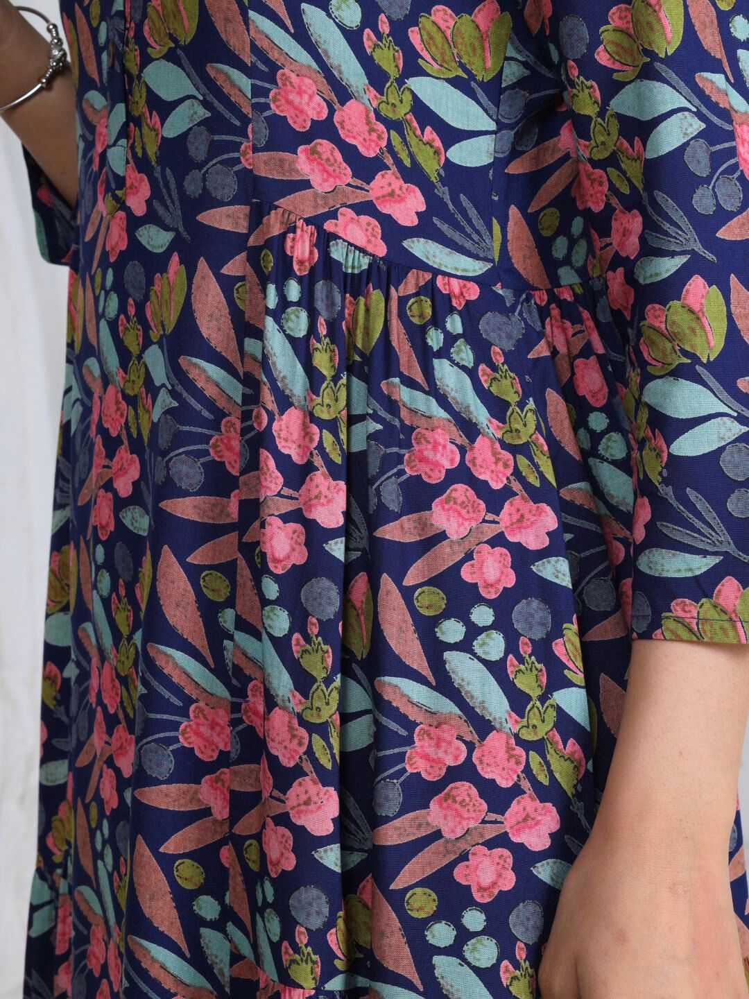 Nile Blue Floral Print Rayon Kurta with gathers