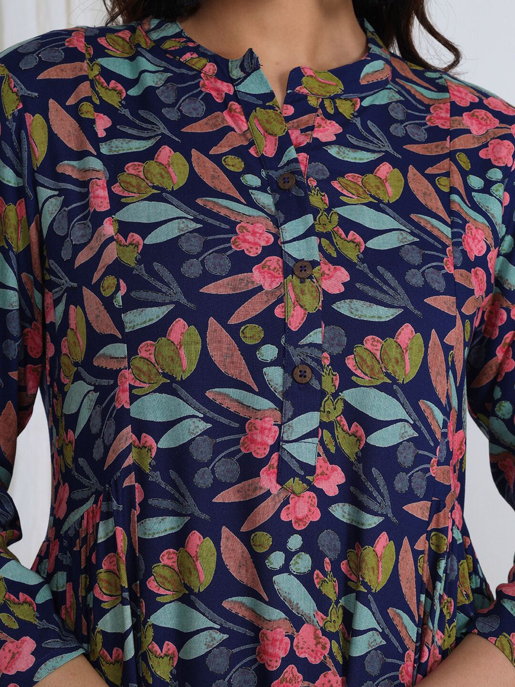 Nile Blue Floral Print Rayon Kurta with gathers