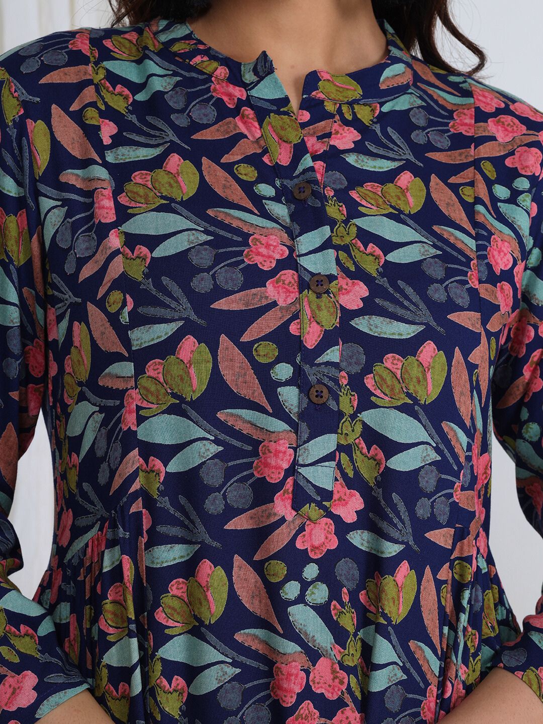 Nile Blue Floral Print Rayon Kurta with gathers