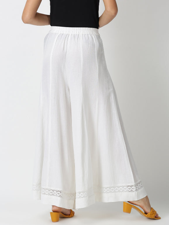 White Solid Flared Palazzo with Lace Inserts on Hem