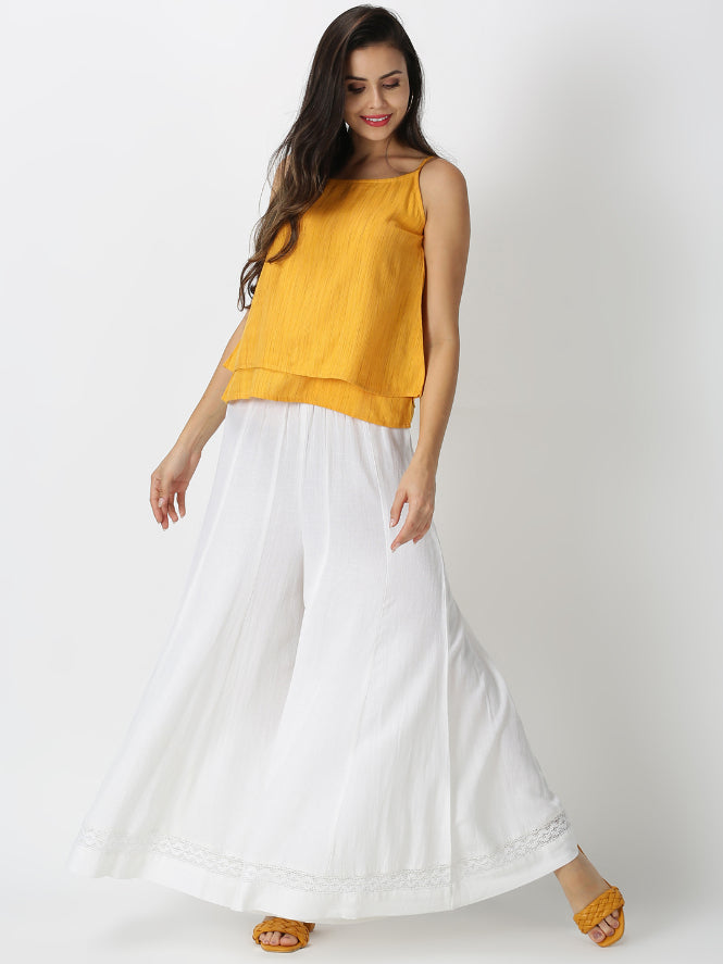 White Solid Flared Palazzo with Lace Inserts on Hem