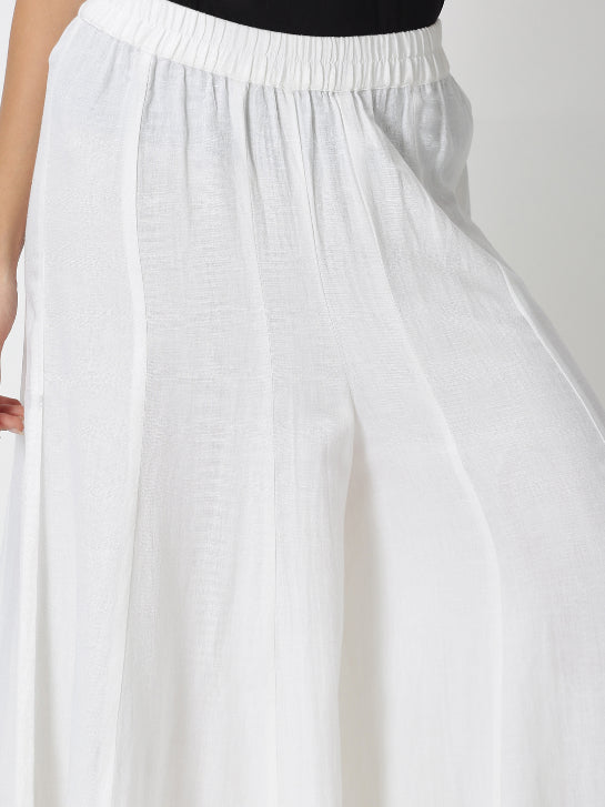 White Solid Flared Palazzo with Lace Inserts on Hem