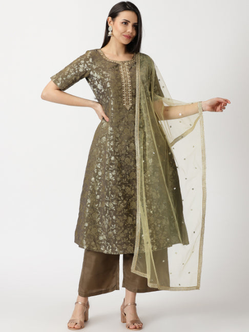 Mehendi Green Banarasi Jacquard Kurta with Palazzo & Dupatta