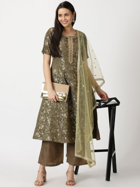 Mehendi Green Banarasi Jacquard Kurta with Palazzo & Dupatta