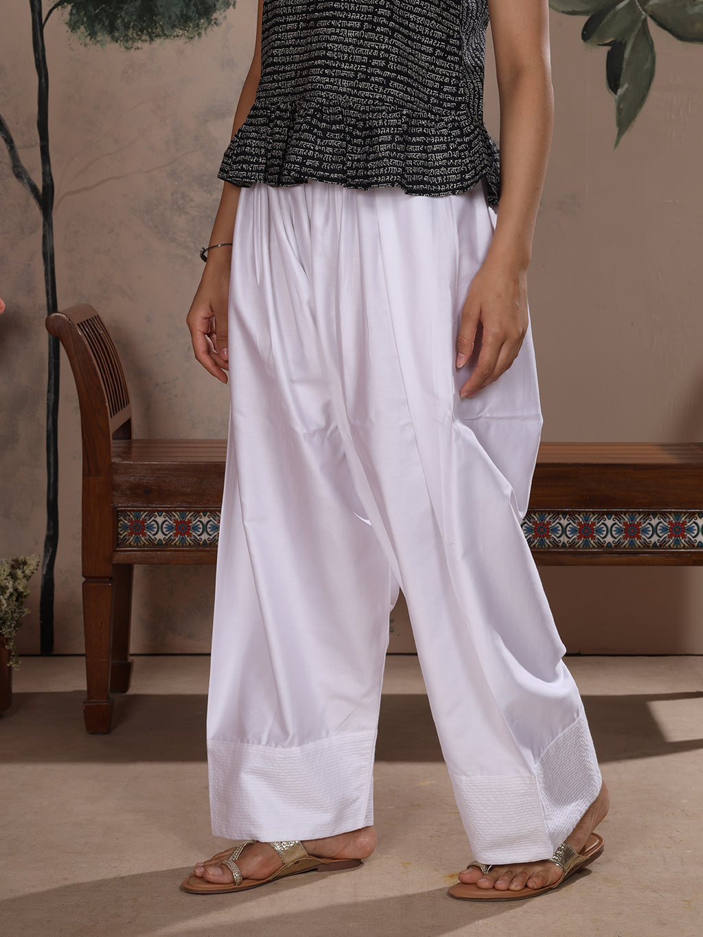 White Farshi Salwar with Elasticated Waist & Couching Detail
