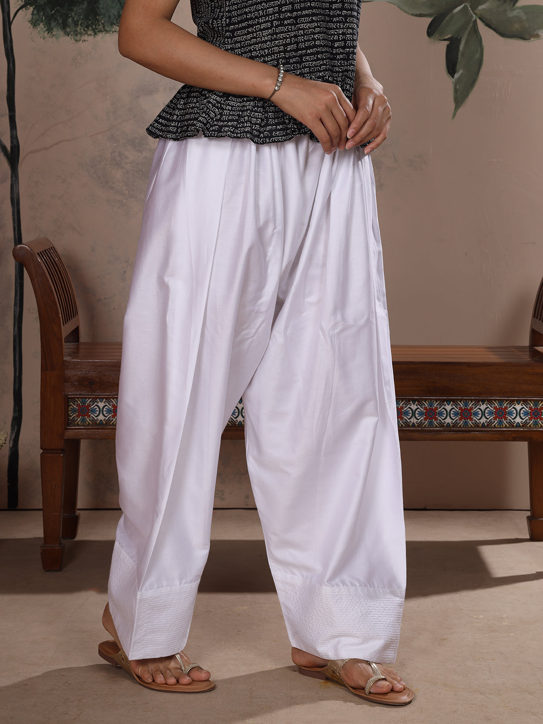 White Farshi Salwar with Elasticated Waist & Couching Detail