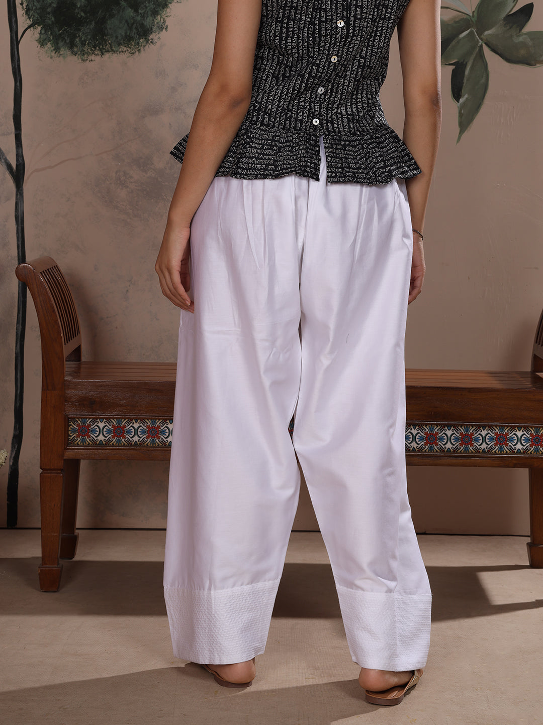 White Farshi Salwar with Elasticated Waist & Couching Detail