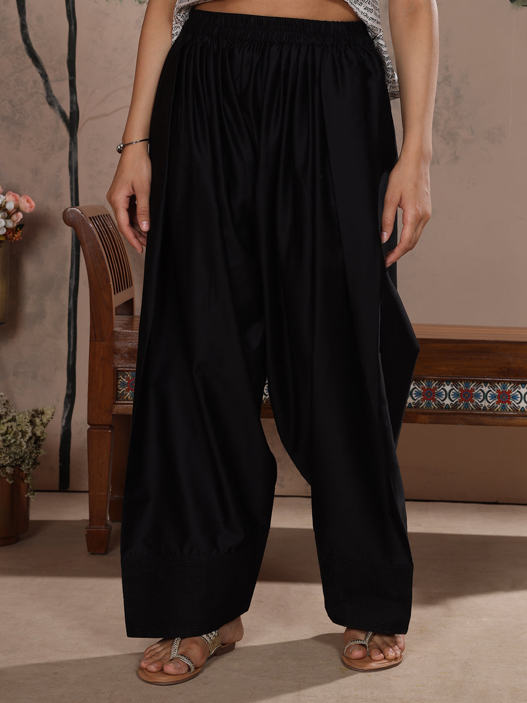 Black Farshi Salwar with Elasticated Waist & Couching Detail