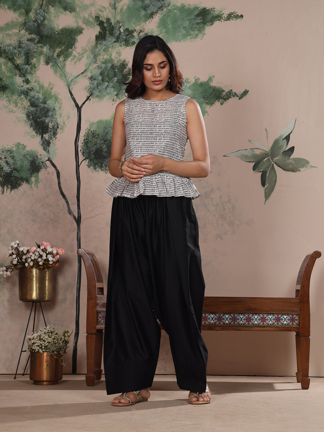 Black Farshi Salwar with Elasticated Waist & Couching Detail