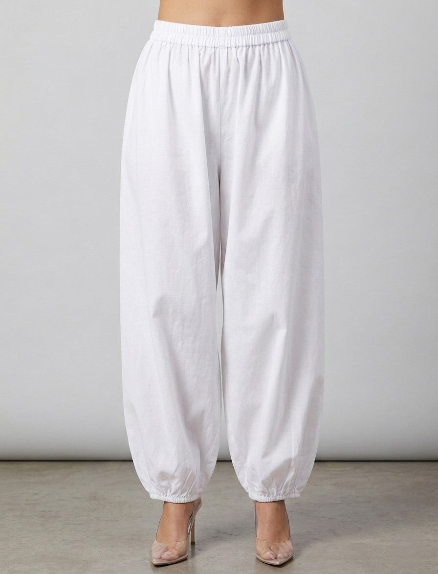 White Cotton Linen Piping Hem Palazzo with Pocket