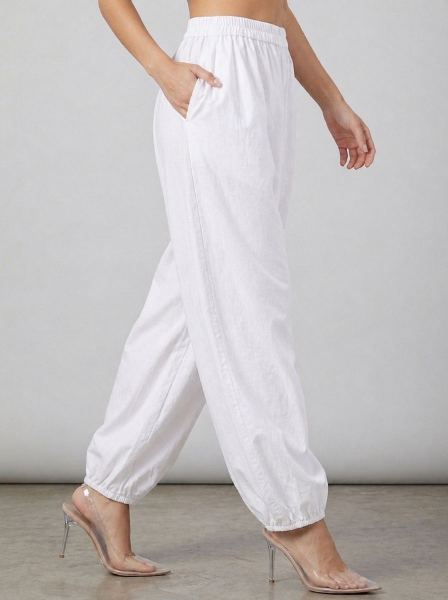 White Cotton Linen Piping Hem Palazzo with Pocket