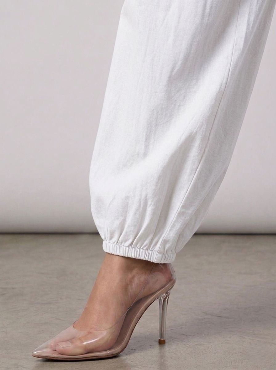 White Cotton Linen Piping Hem Palazzo with Pocket