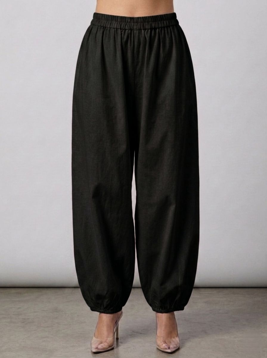 Black Cotton Linen Piping Hem Palazzo with Pocket