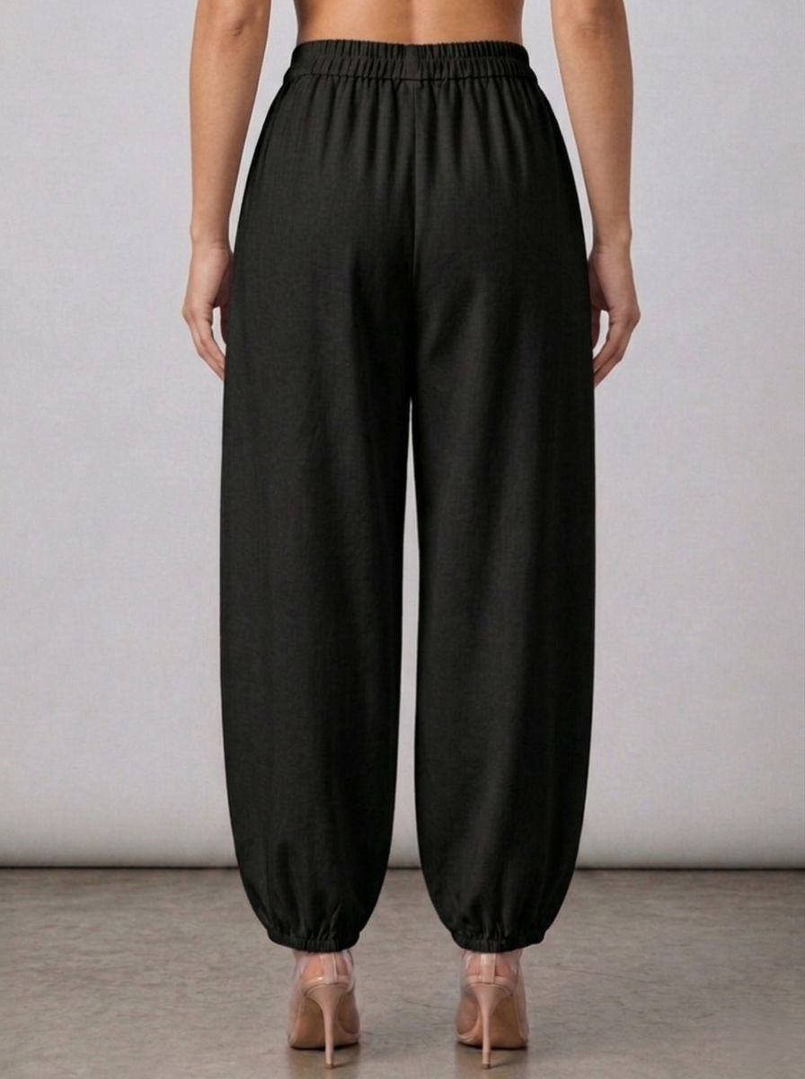 Black Cotton Linen Piping Hem Palazzo with Pocket