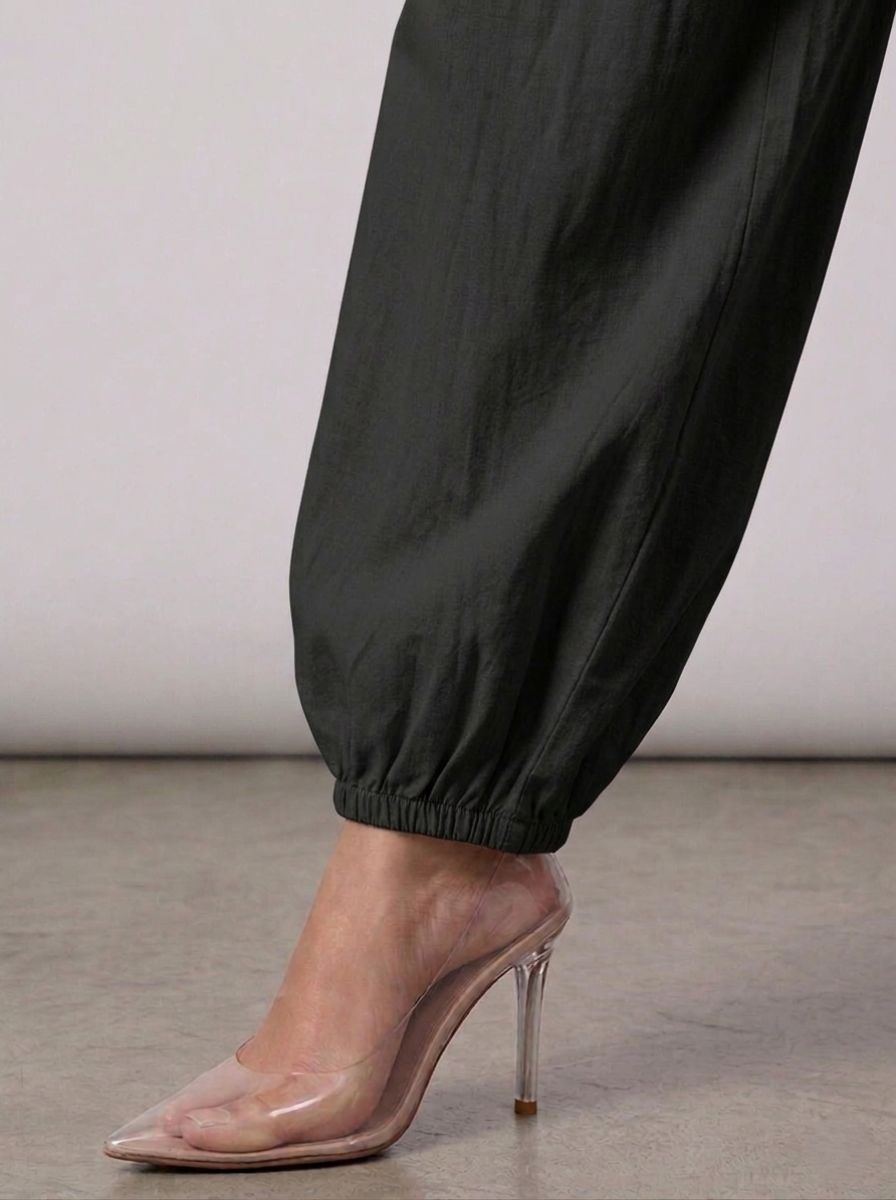 Black Cotton Linen Piping Hem Palazzo with Pocket