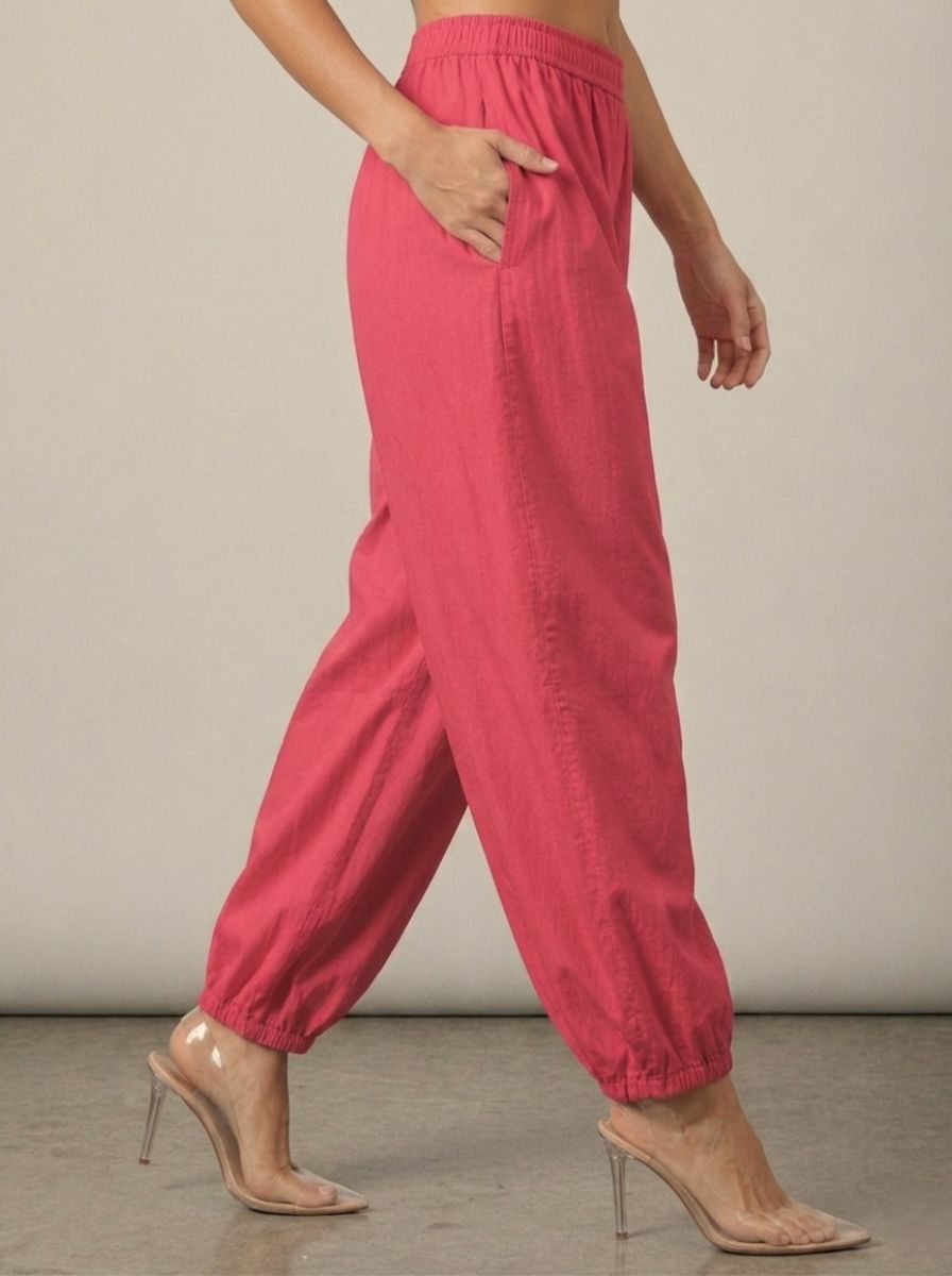Coral Cotton Linen Piping Hem Palazzo with Pocket