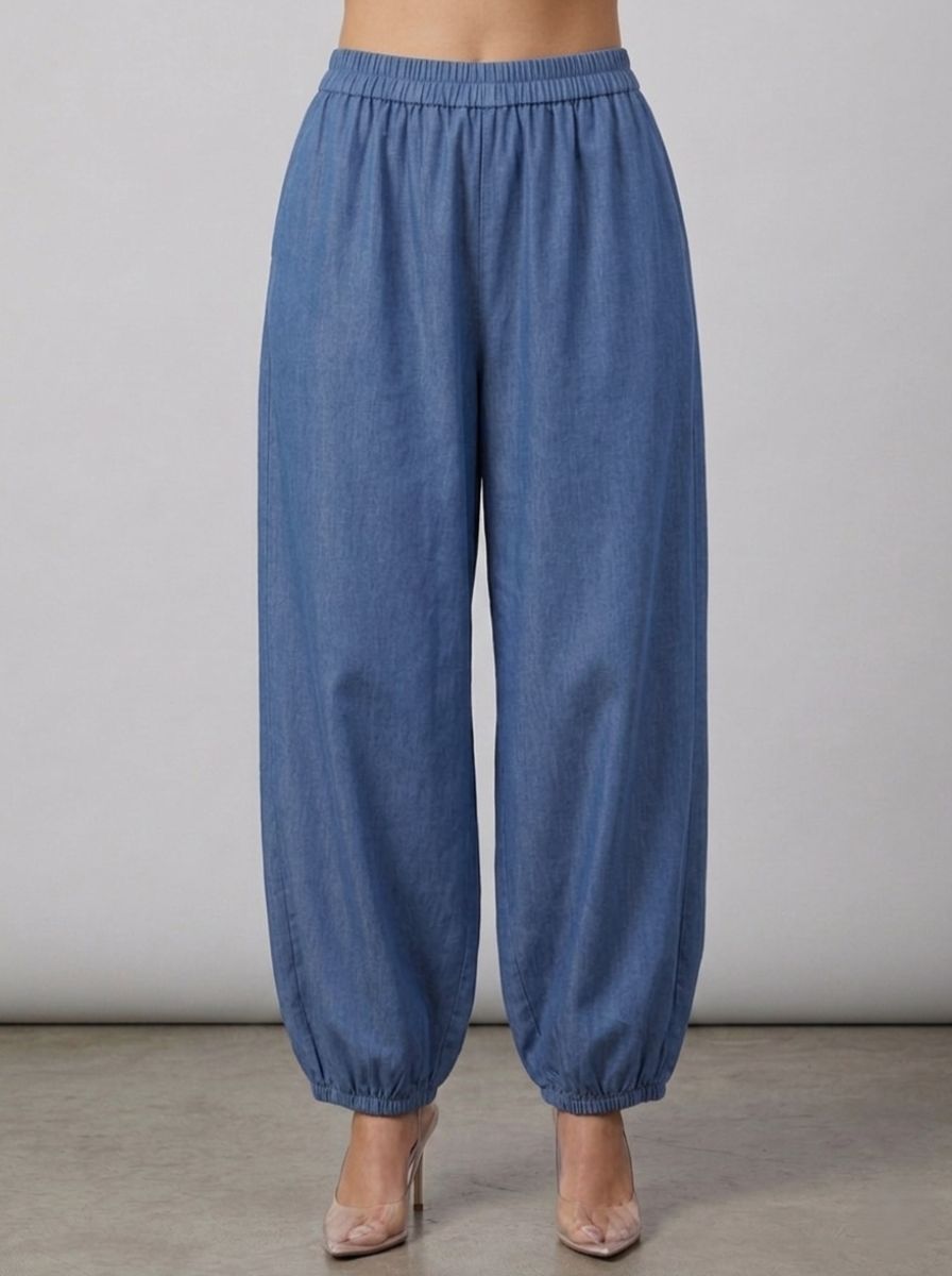 Blue Cotton Linen Piping Hem Palazzo with Pocket