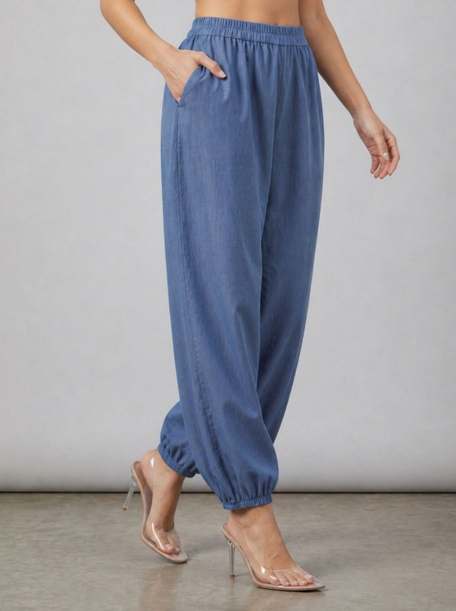 Blue Cotton Linen Piping Hem Palazzo with Pocket