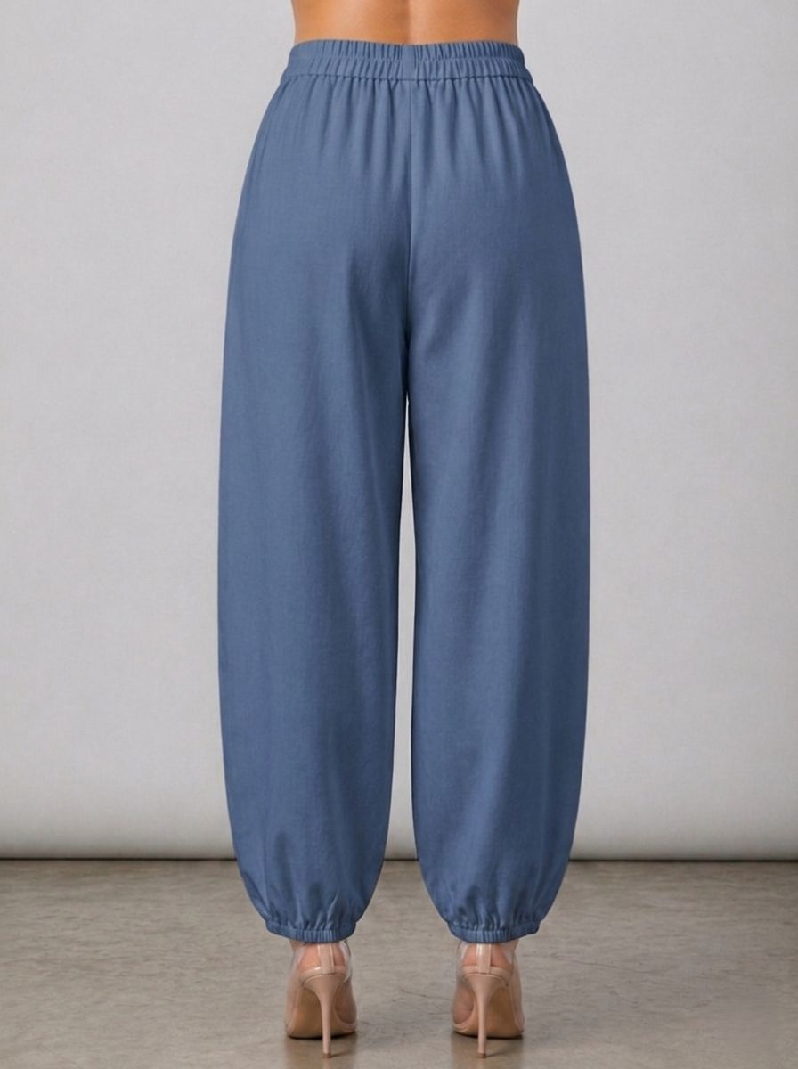 Blue Cotton Linen Piping Hem Palazzo with Pocket