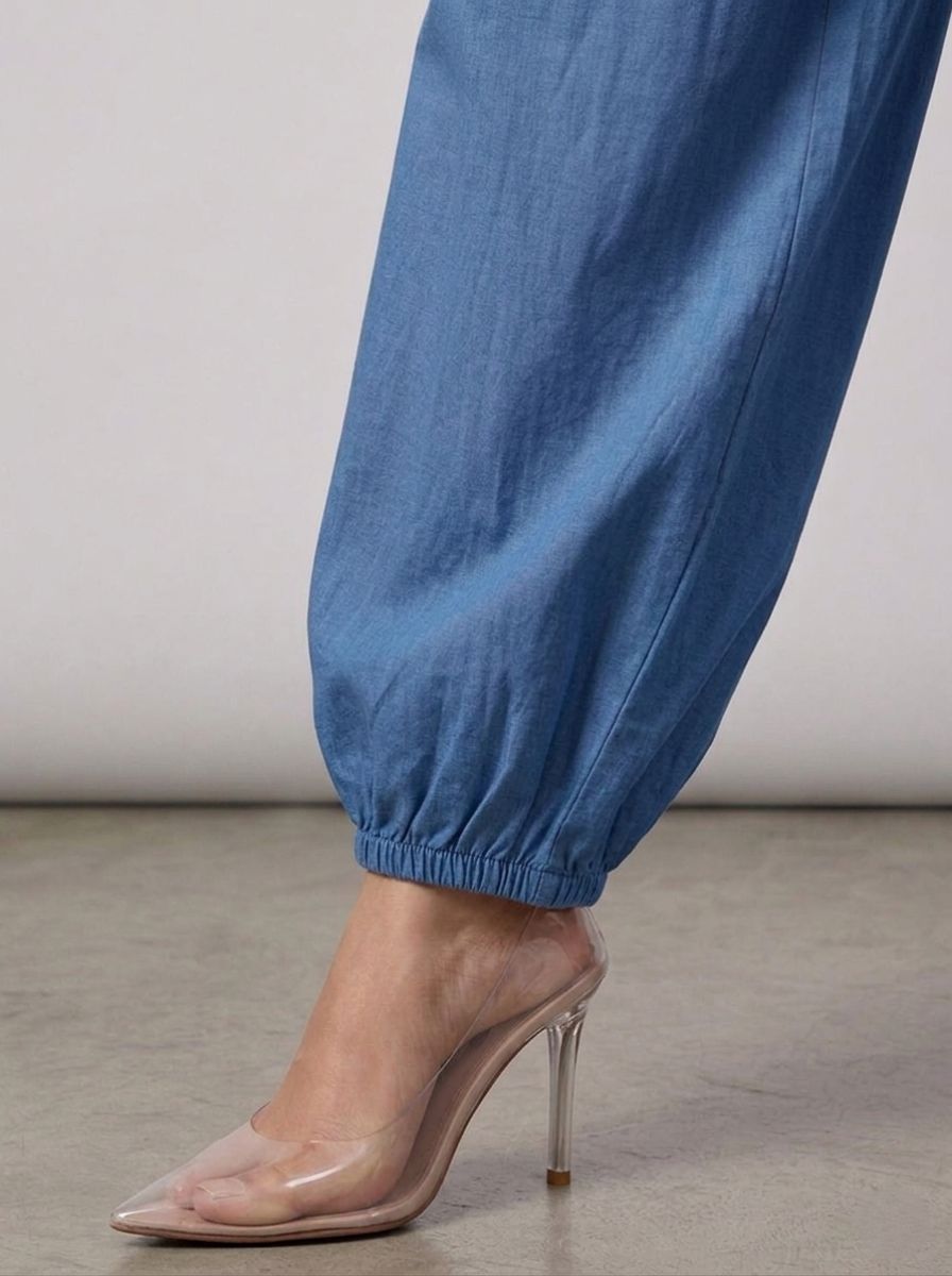 Blue Cotton Linen Piping Hem Palazzo with Pocket