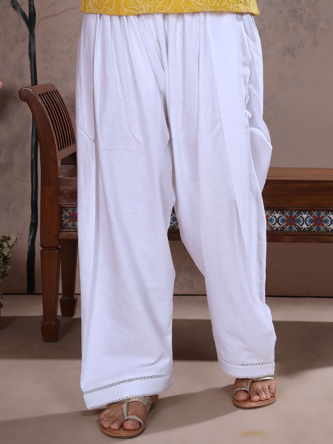White Farshi Salwar with Elasticated Waist & Lace Detail