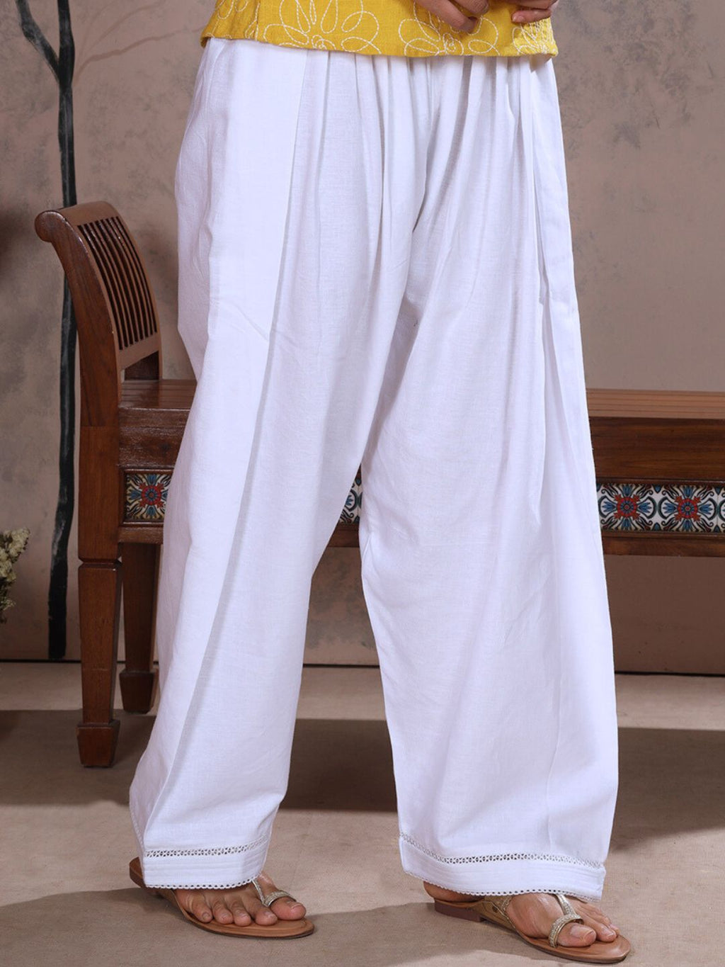 White Farshi Salwar with Elasticated Waist & Lace Detail