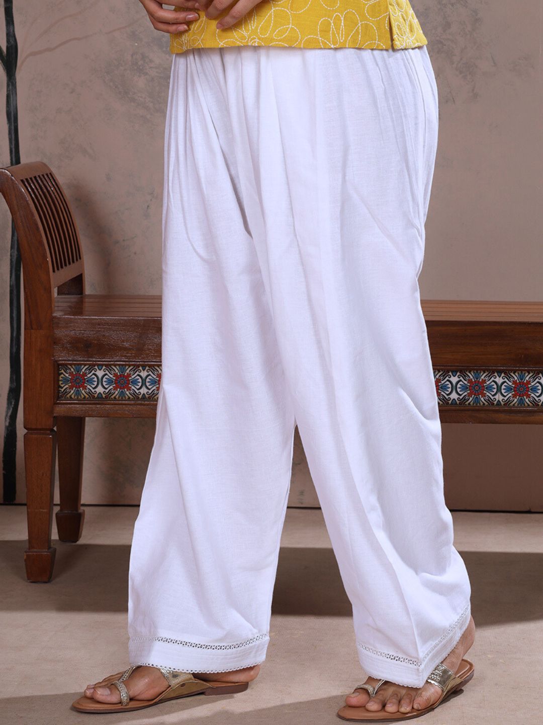 White Farshi Salwar with Elasticated Waist & Lace Detail