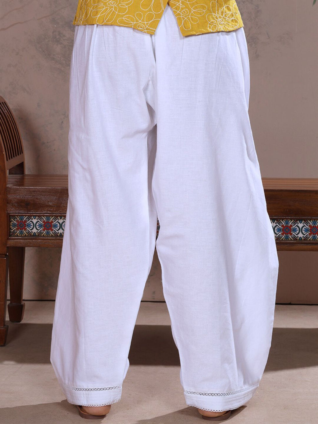 White Farshi Salwar with Elasticated Waist & Lace Detail