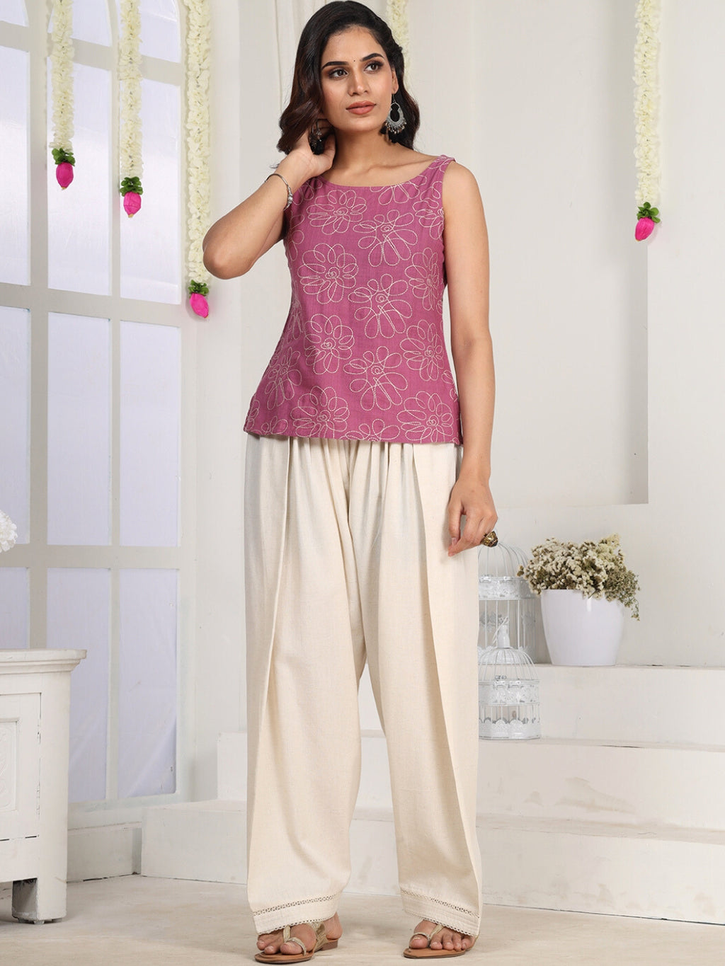 Off White Farshi Salwar with Elasticated Waist & Lace Detail