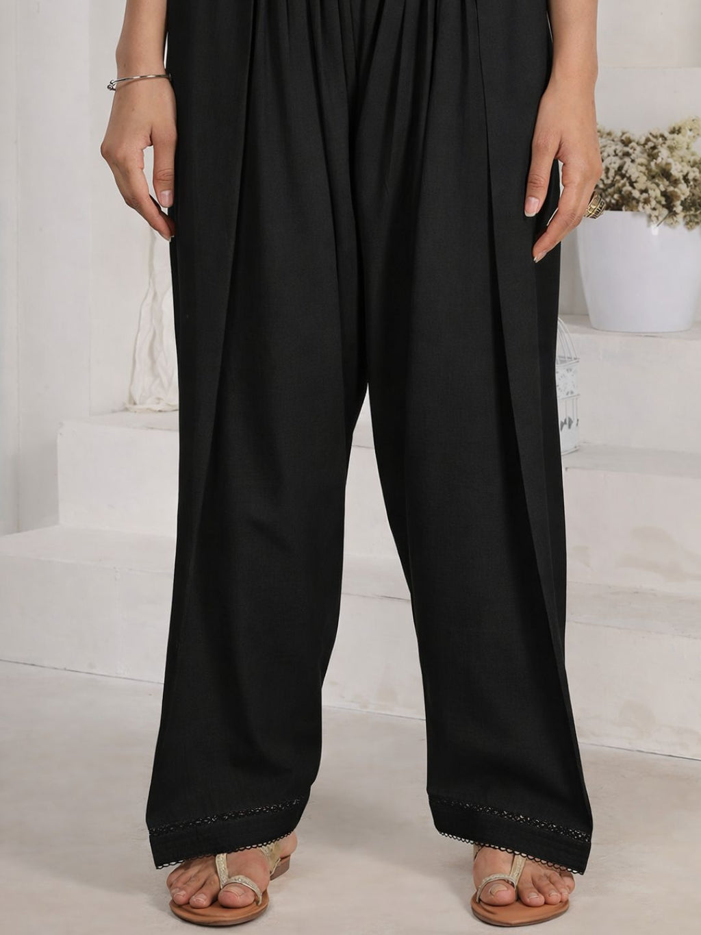 Black Farshi Salwar with Elasticated Waist & Lace Detail