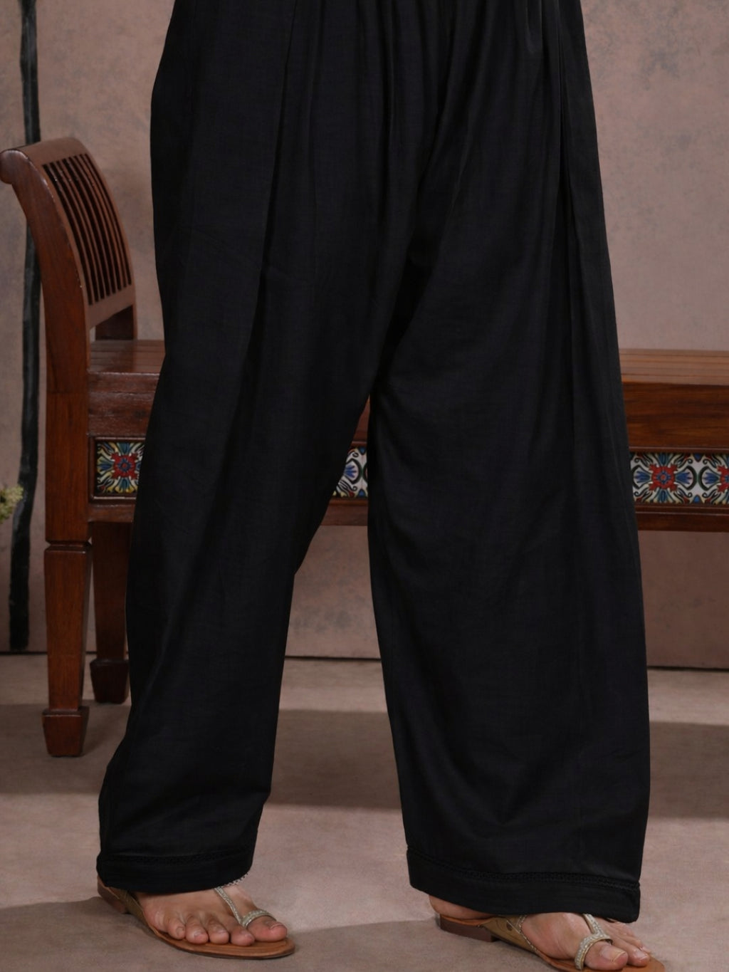 Black Farshi Salwar with Elasticated Waist & Lace Detail