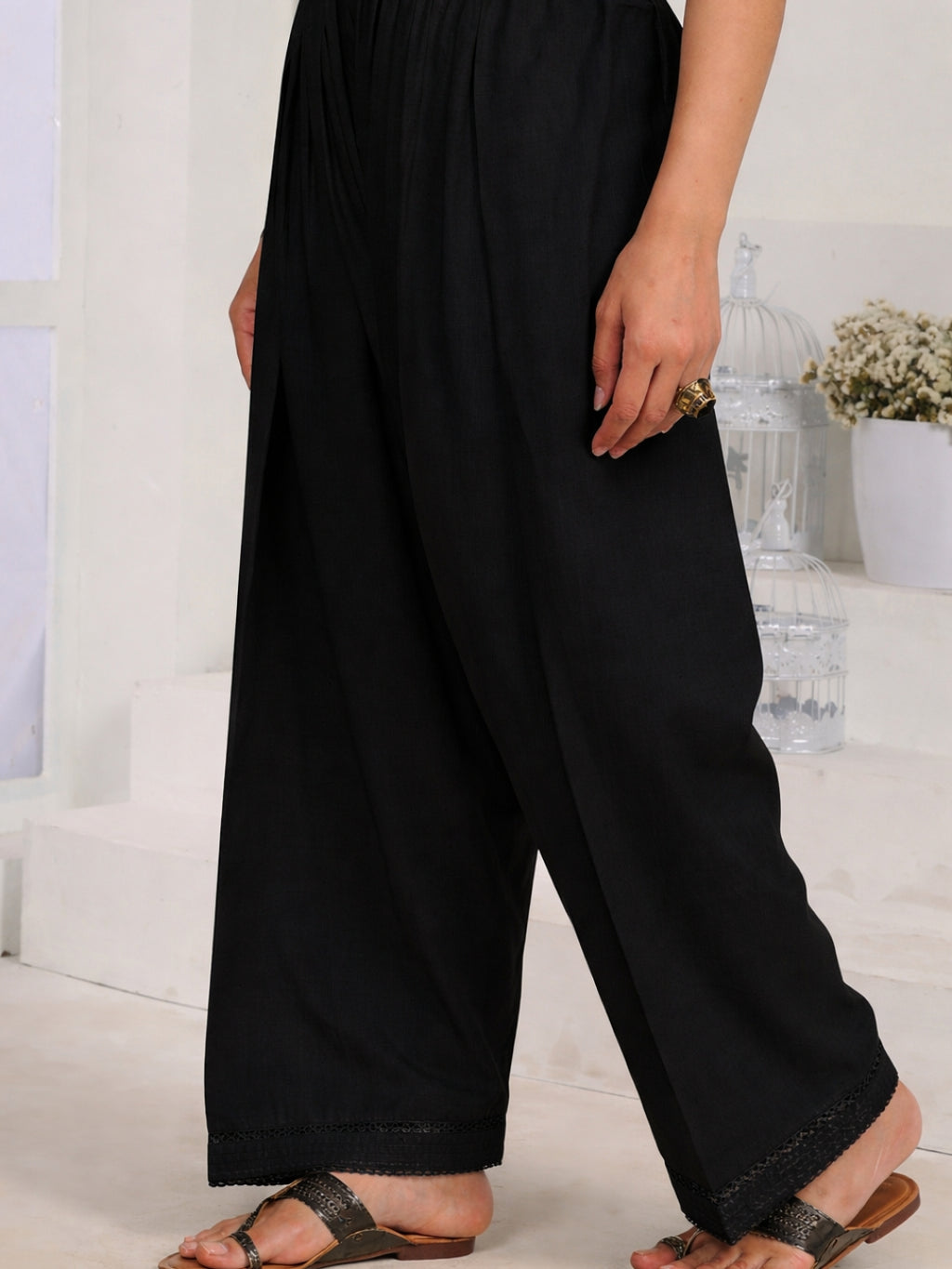 Black Farshi Salwar with Elasticated Waist & Lace Detail