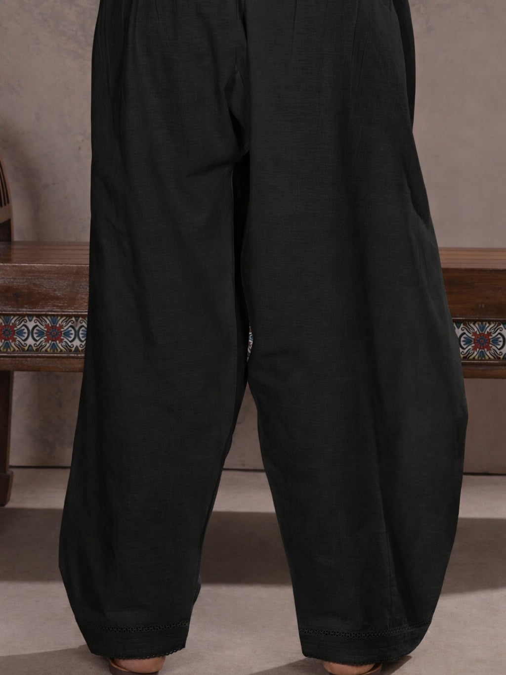 Black Farshi Salwar with Elasticated Waist & Lace Detail