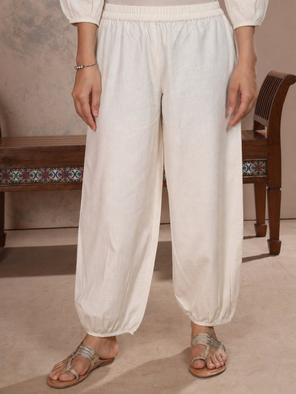Off White Cotton Linen Piping Hem Palazzo with Pocket