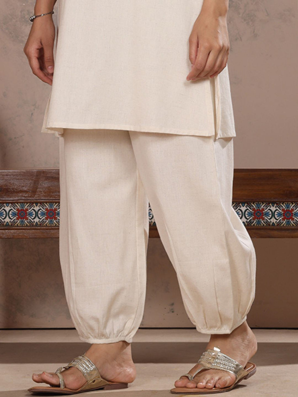 Off White Cotton Linen Piping Hem Palazzo with Pocket