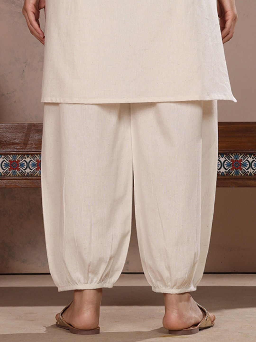 Off White Cotton Linen Piping Hem Palazzo with Pocket