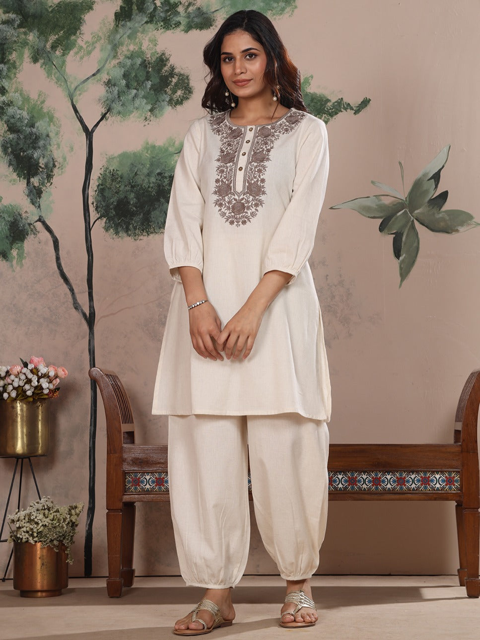 Off White Cotton Linen Piping Hem Palazzo with Pocket