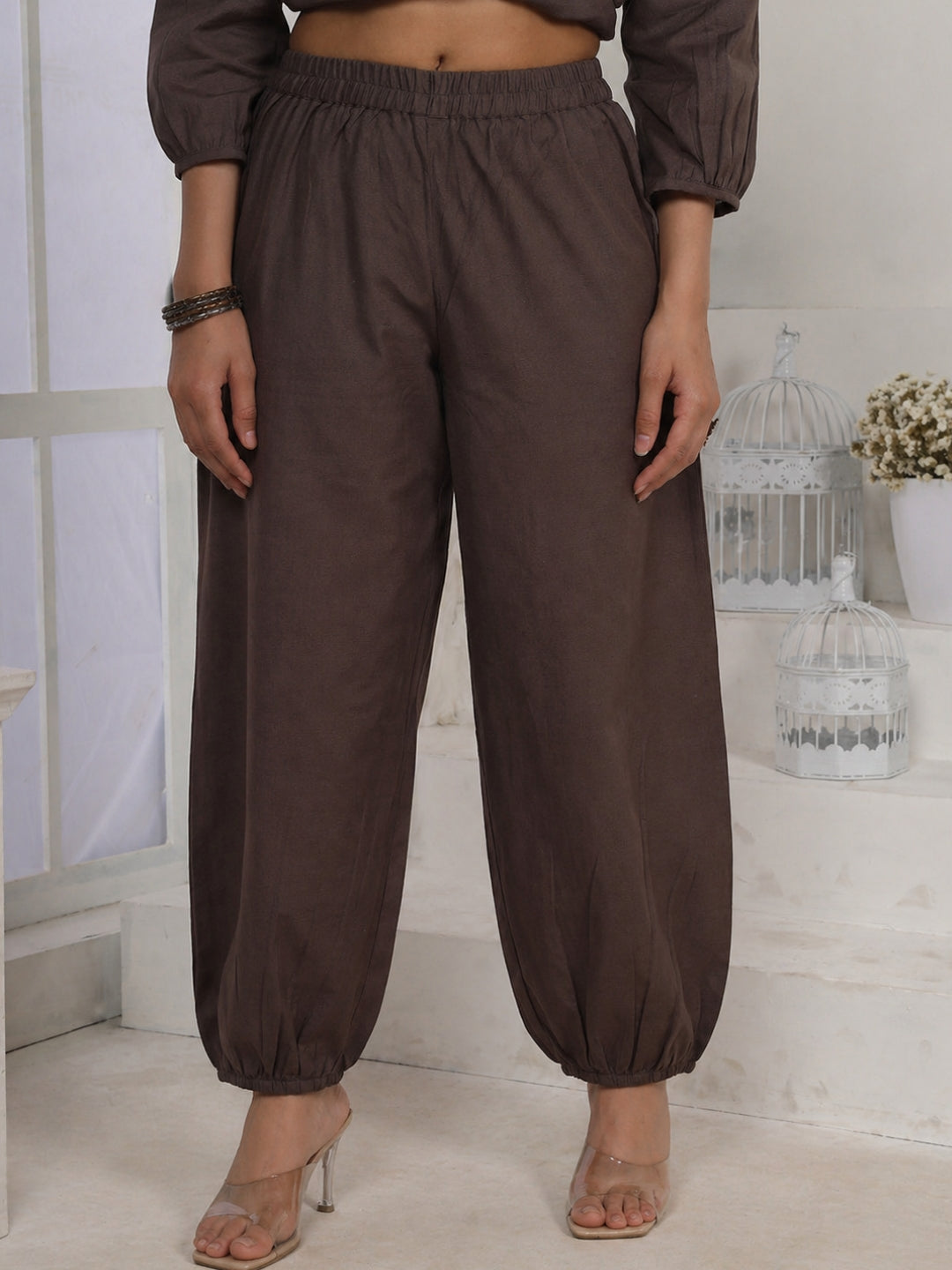 Brown Cotton Linen Piping Hem Palazzo with Pocket