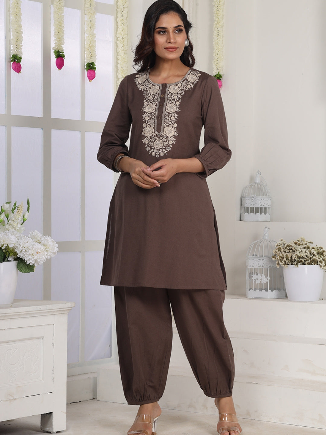 Brown Cotton Linen Piping Hem Palazzo with Pocket