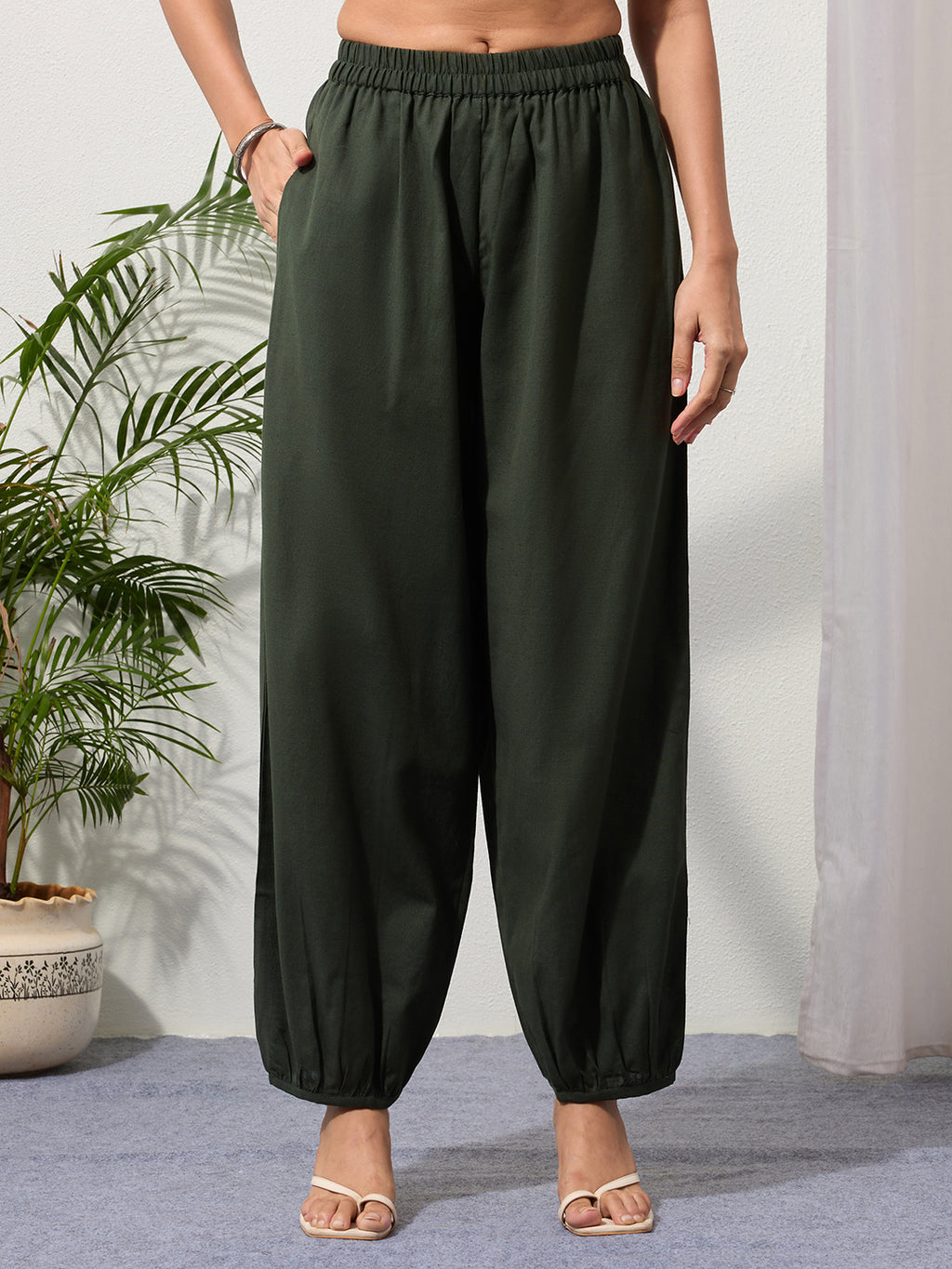 Green Cotton Linen Piping Hem Palazzo with Pocket