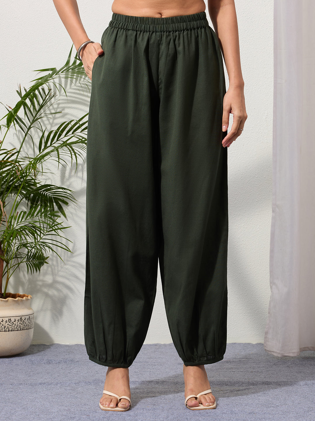 Green Cotton Linen Piping Hem Palazzo with Pocket