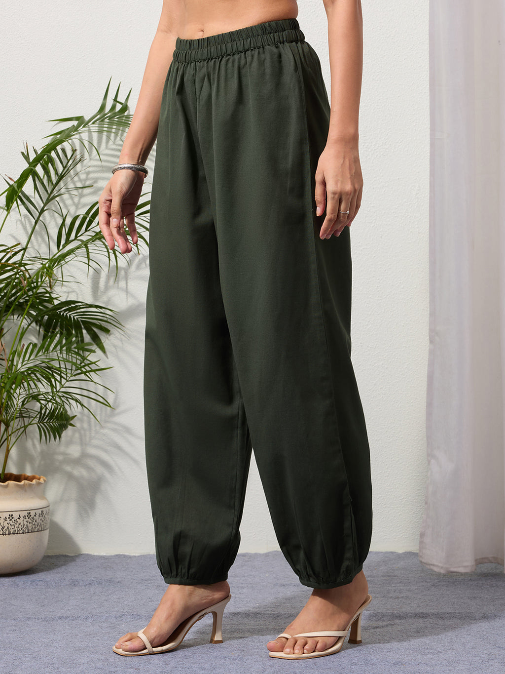Green Cotton Linen Piping Hem Palazzo with Pocket