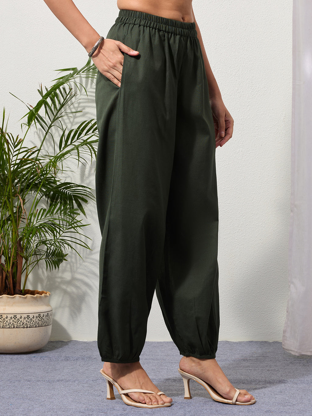 Green Cotton Linen Piping Hem Palazzo with Pocket