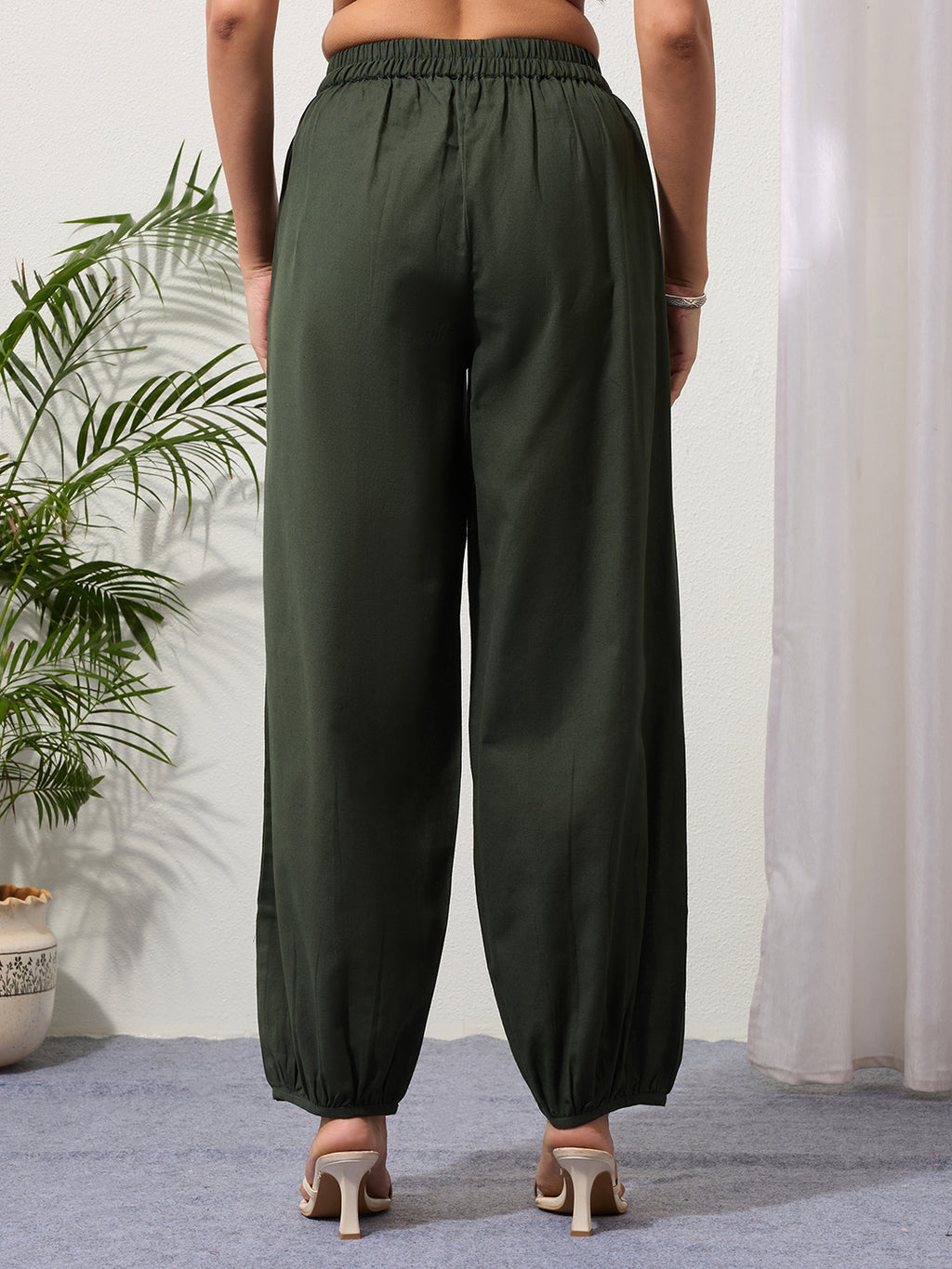 Green Cotton Linen Piping Hem Palazzo with Pocket